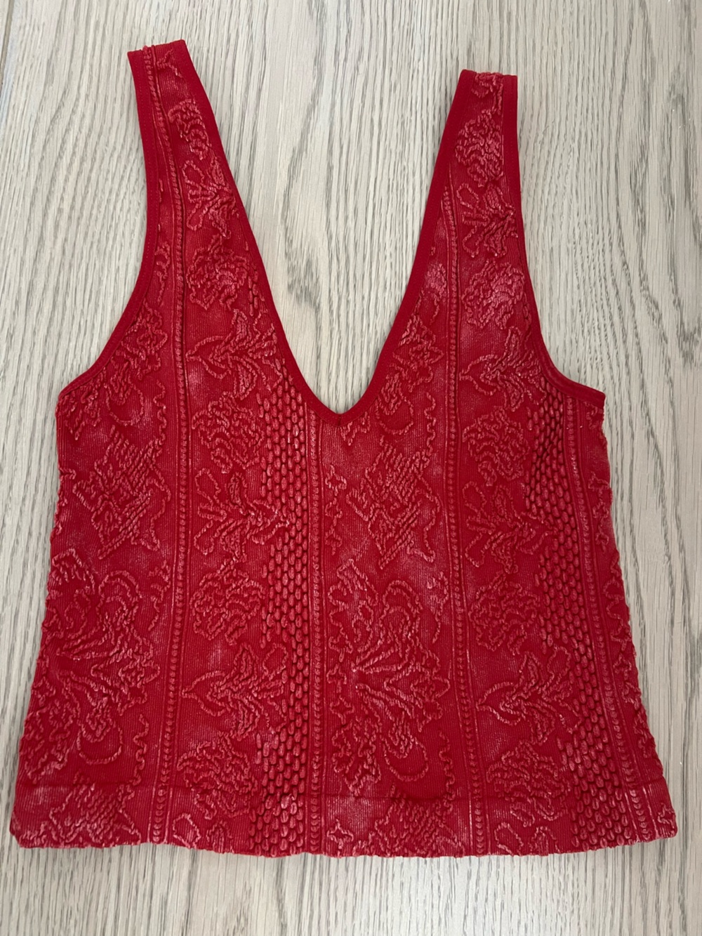 Red Embroidered Look, V-Neck Tank Top - Unbranded